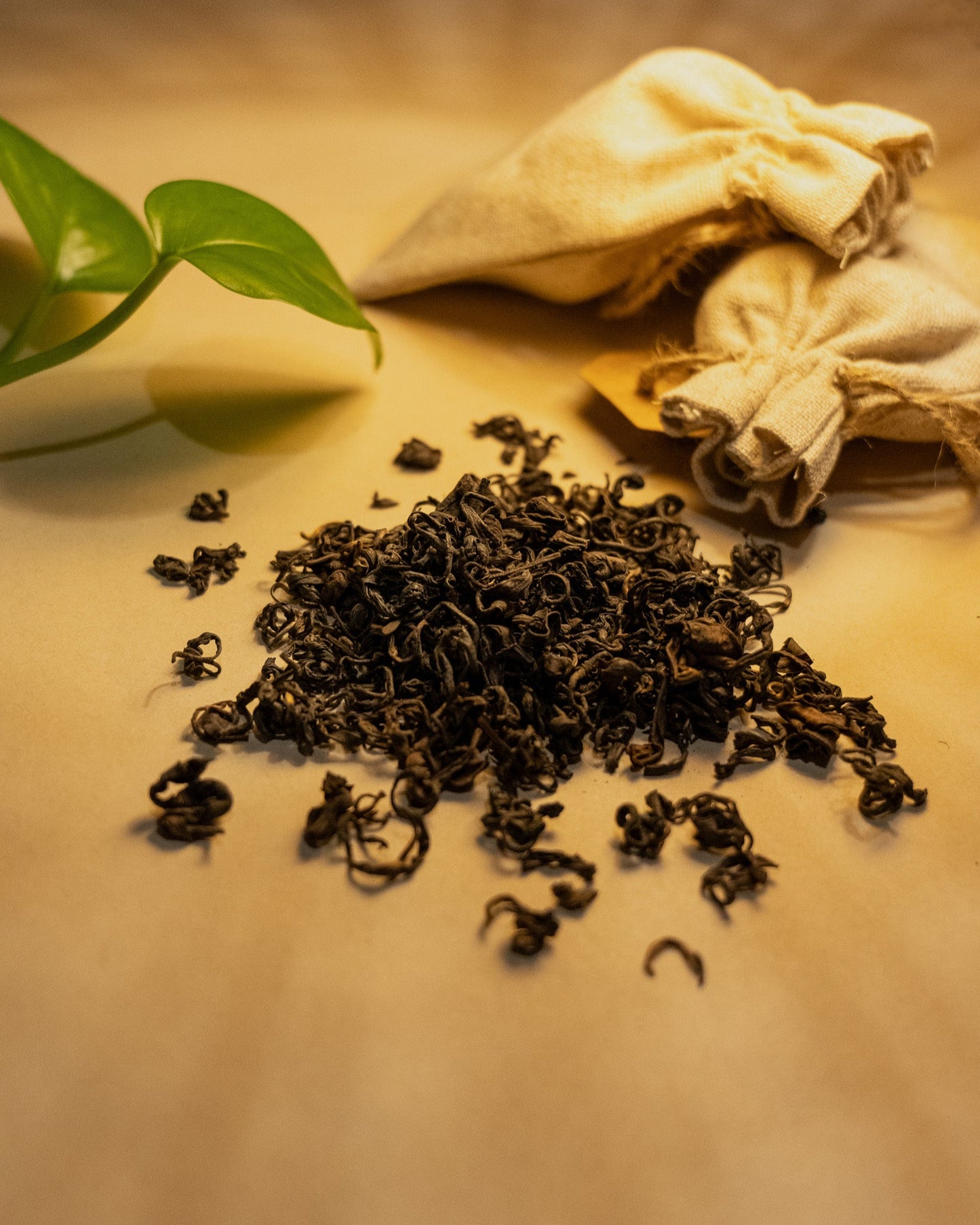A pile of withered black tea leaves on a wooden surface, with a green leaf and a cloth bag in the background.