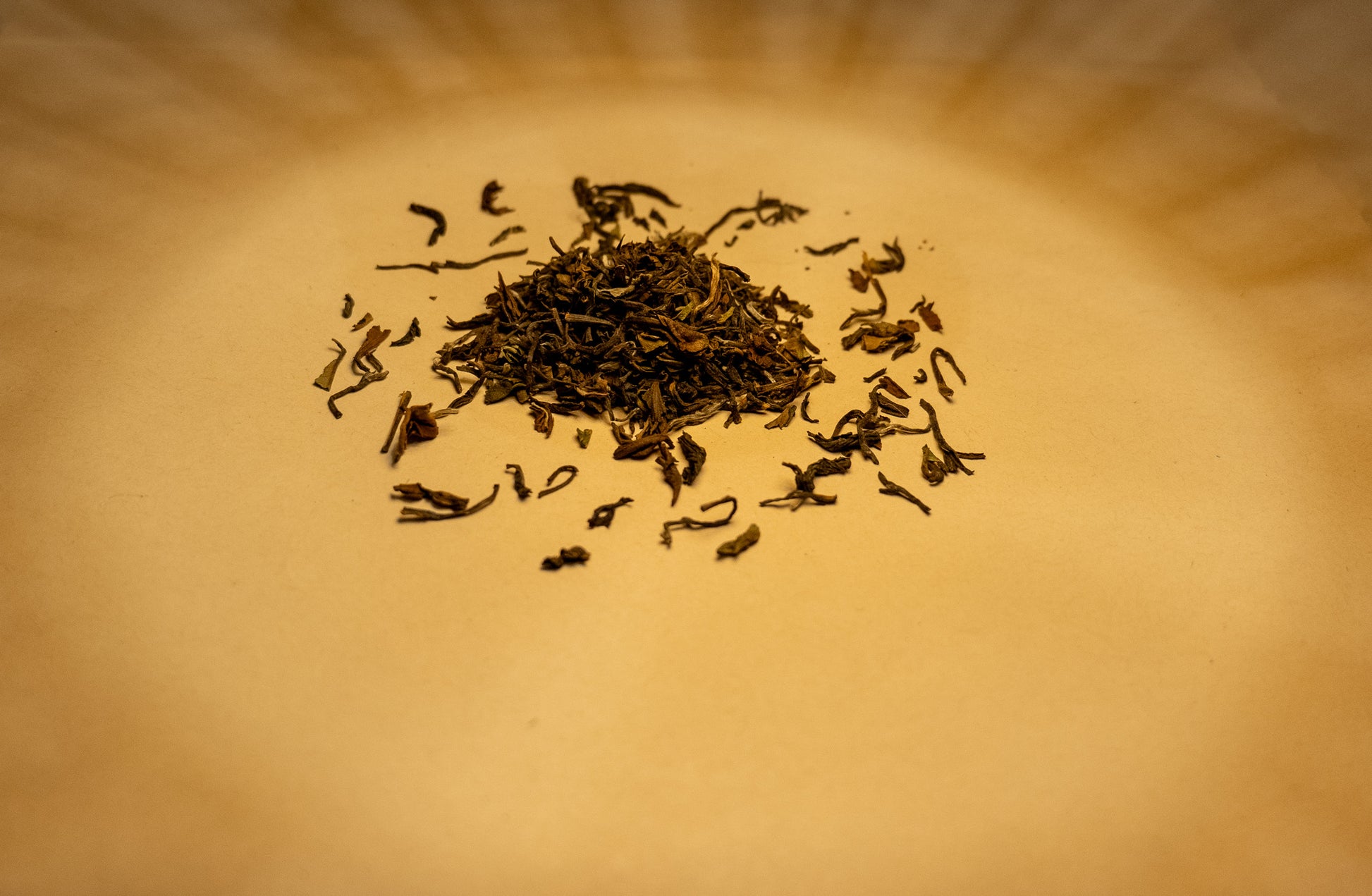 A pile of dry, rolled Darjeeling black tea leaves on a light surface, with a few leaves scattered around. The background is an orange-brown color, suggesting a natural and organic setting.